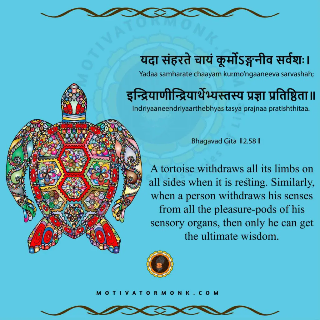 Bhagavad Gita quotes in English (Chapter-2, Sloka-58)
A tortoise withdraws all its limbs on all sides when it is resting. Similarly, when a person withdraws his senses from all the pleasure-pods of his sensory organs, then only he can get the ultimate wisdom.