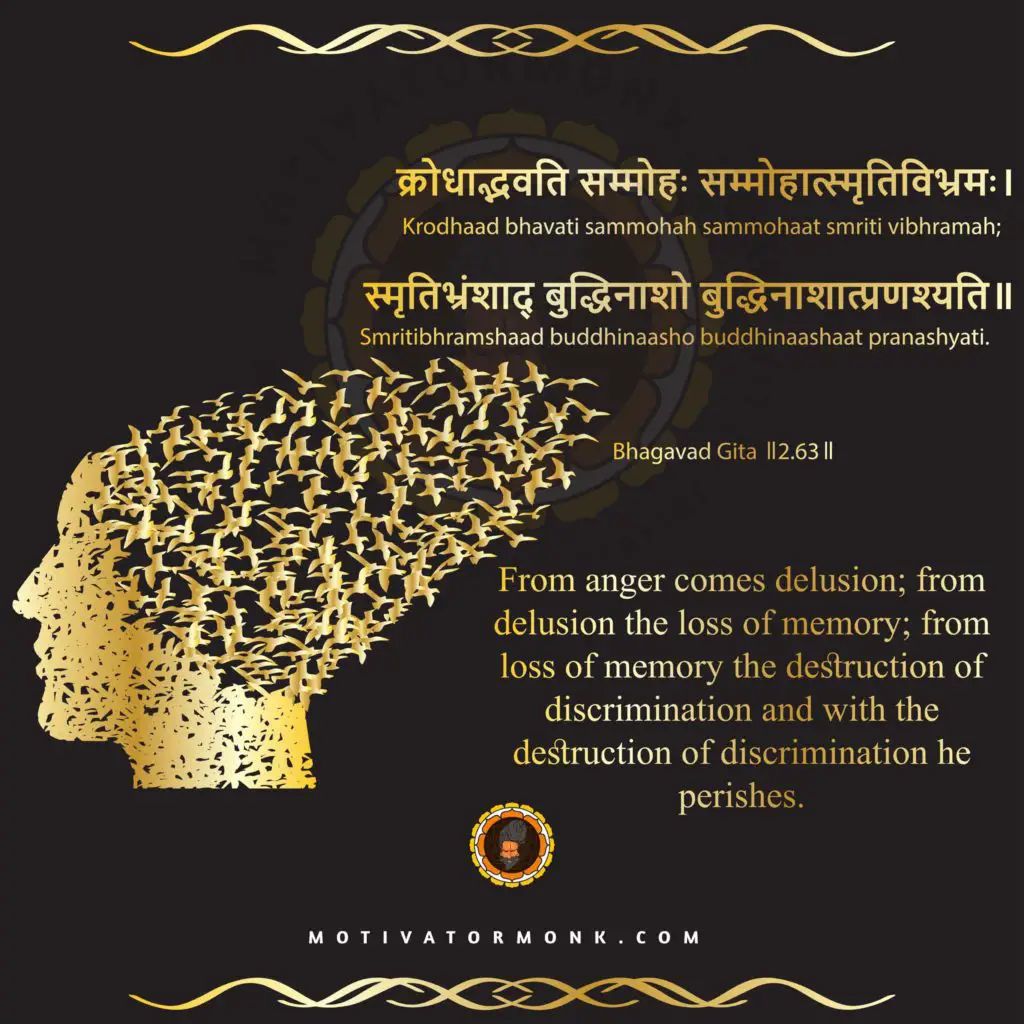 Bhagavad Gita quotes in English (Chapter-2, Sloka-63)
From anger comes delusion; from delusion the loss of memory; from loss of memory the destruction of discrimination and with the destruction of discrimination he perishes.